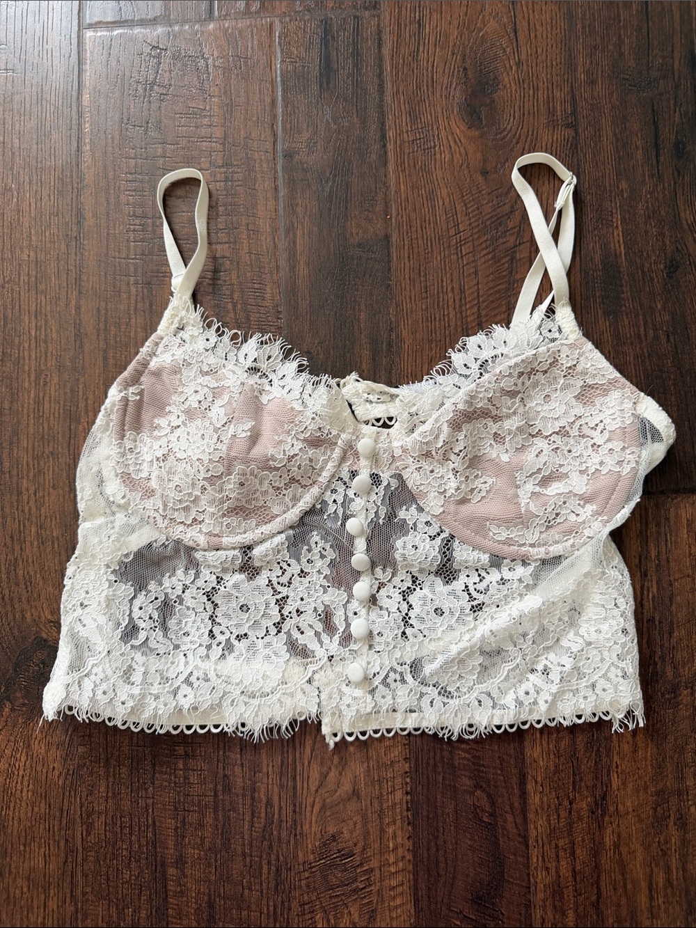 Sheer Lace Longline Bralette with Button-Front in Cream and Blush